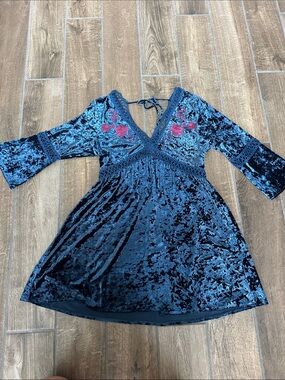 Crushed Velvet Navy Mini Dress with Pink Floral Embroidery
